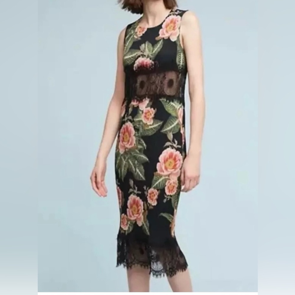 NWT - DELFI Collective Anthropologie Floral Lace Pleated Midi Dress Black Pink L
